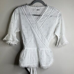 VENUS White Eyelet Lace Blouse size 10 wrap top ruffle short sleeve shirt #6208
